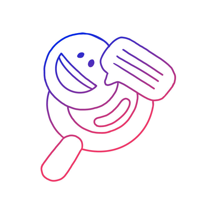 Icon of magnifying lens highlighting a smiley face emoji and a speech bubble