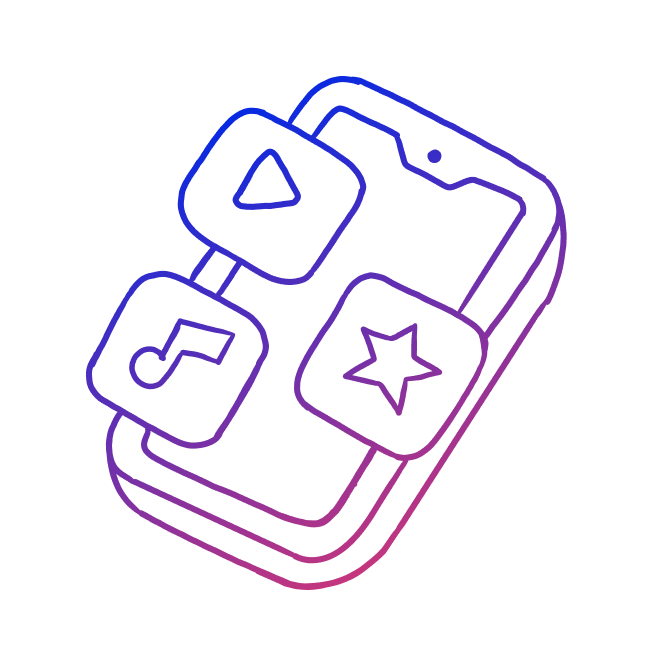 Icon of a smartphone with some music, video and star icons on the screen